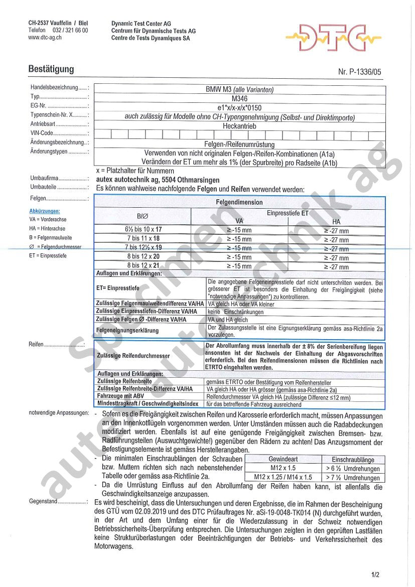 DTC Felgengutachten Vorschau – BMW 3er M3 Typ E46